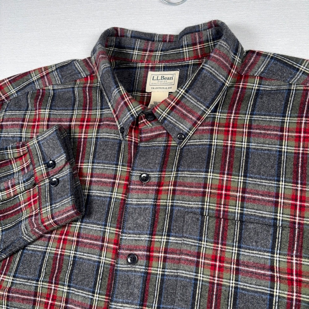LL Bean Scotch Plaid Flannel Shirt Mens XXL Regular Grey Red Cotton Long Sleeve